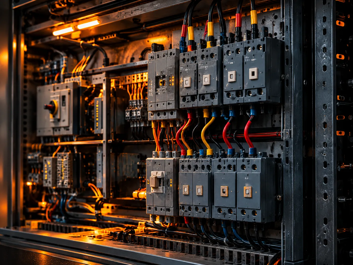 Industrial electrical control cabinet with wiring and protective devices